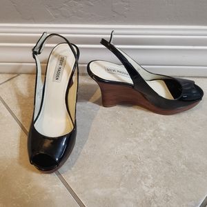 Steve Madden Black Peep Toe Patent Wood Platform Wedge Heel Sandals